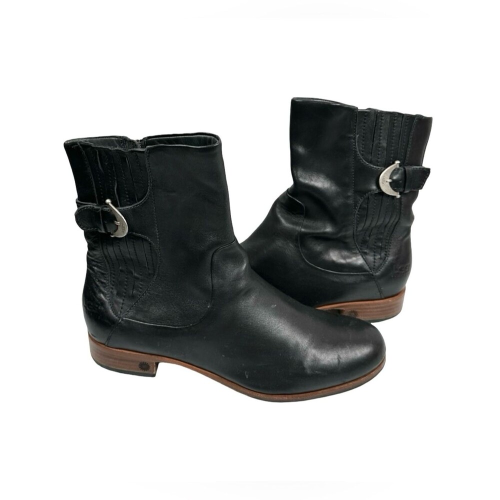 UGG 1919 Finnegan Black Leather Zip Buckle Western Moto Ankle Boots Women Size 9
